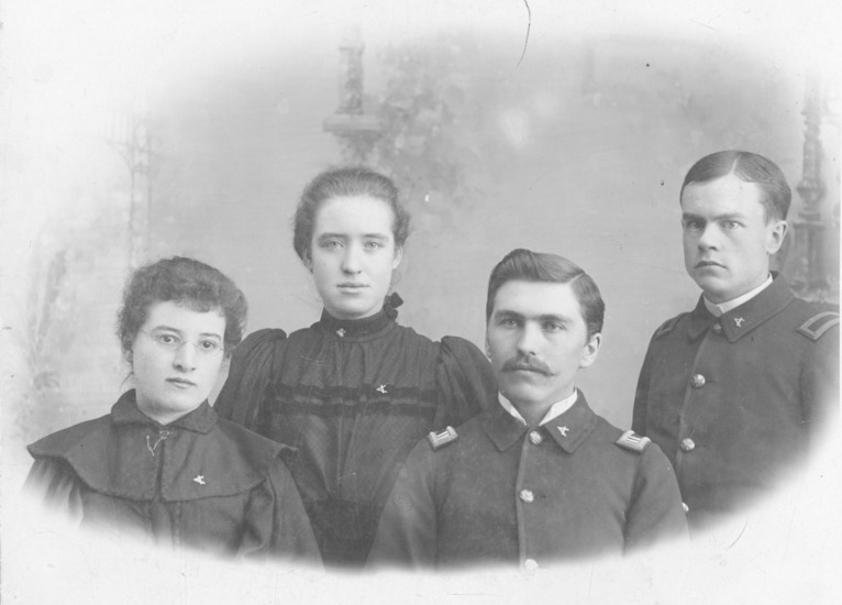 The four graduating students in the class of 1896, from left to right Stella Maud (Allen), Florence May (Corbett), Charles Luther Kirtley, Arthur Prentiss Adair.