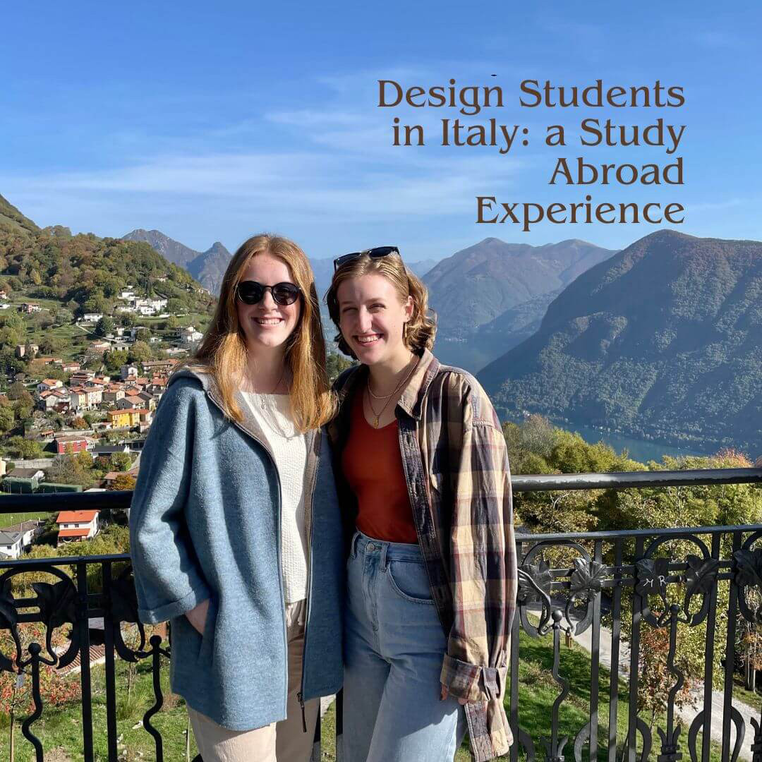 The text "Design Students in Italy: a Study Abroad Experience" over a photo of two women posing on a balcony overlooking Italian buildings