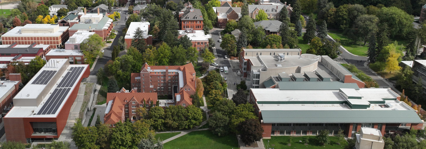 Aerial view of campus buildings, trees, and lawns on a sunny day.
