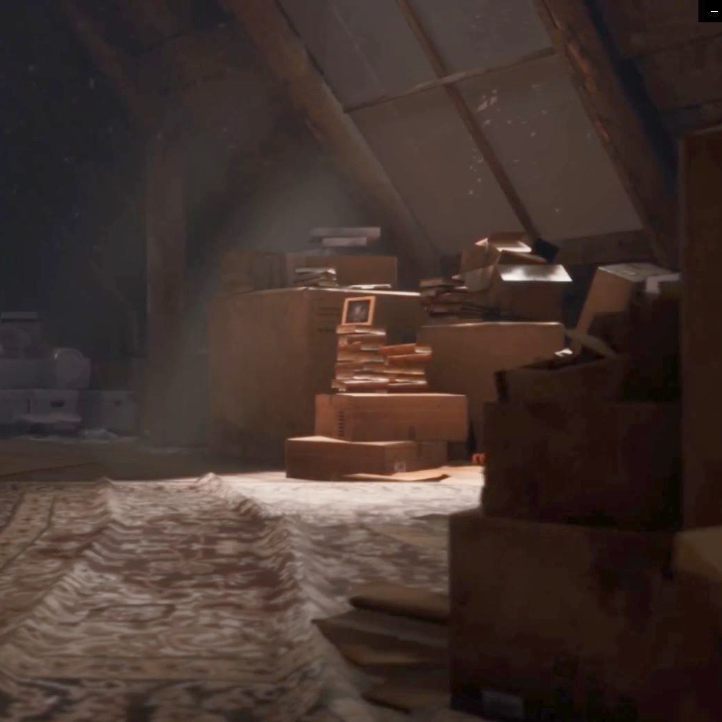 Screen capture from a virtual reality environment showing light shining from a window over boxes and furniture in an attic. 