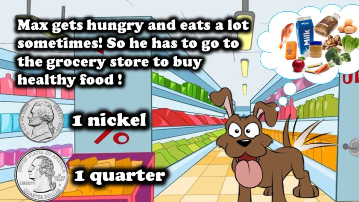 Max the dog imagines different foods. "Max gets hungry and eats a lot sometimes! So he has to go to the grocery store to buy healthy food!" The slide also shows two coins labeled "1 nickel" and "1 quarter."