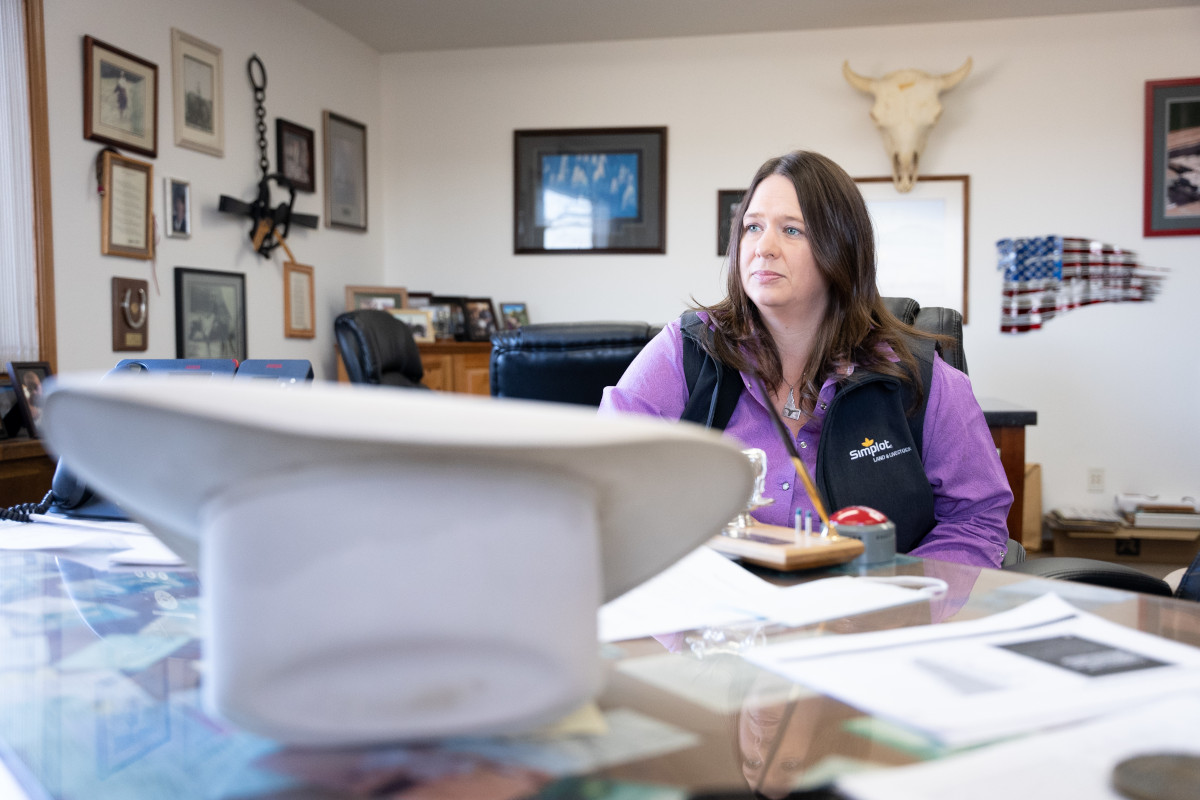 Woman sits by desk in cowboy office.