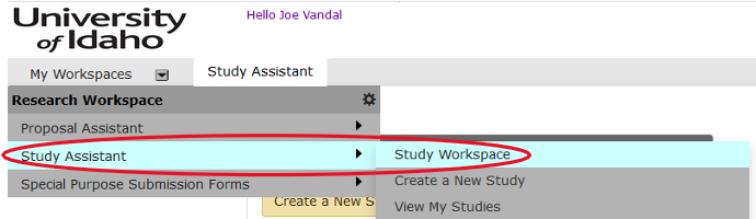 Expanded menu with highlighted hierarchical menu items titled "Study Assistant" and "Study Workspace" respectively.
