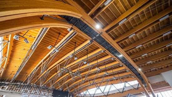 A view of the wood roof inside the ICCU arena.