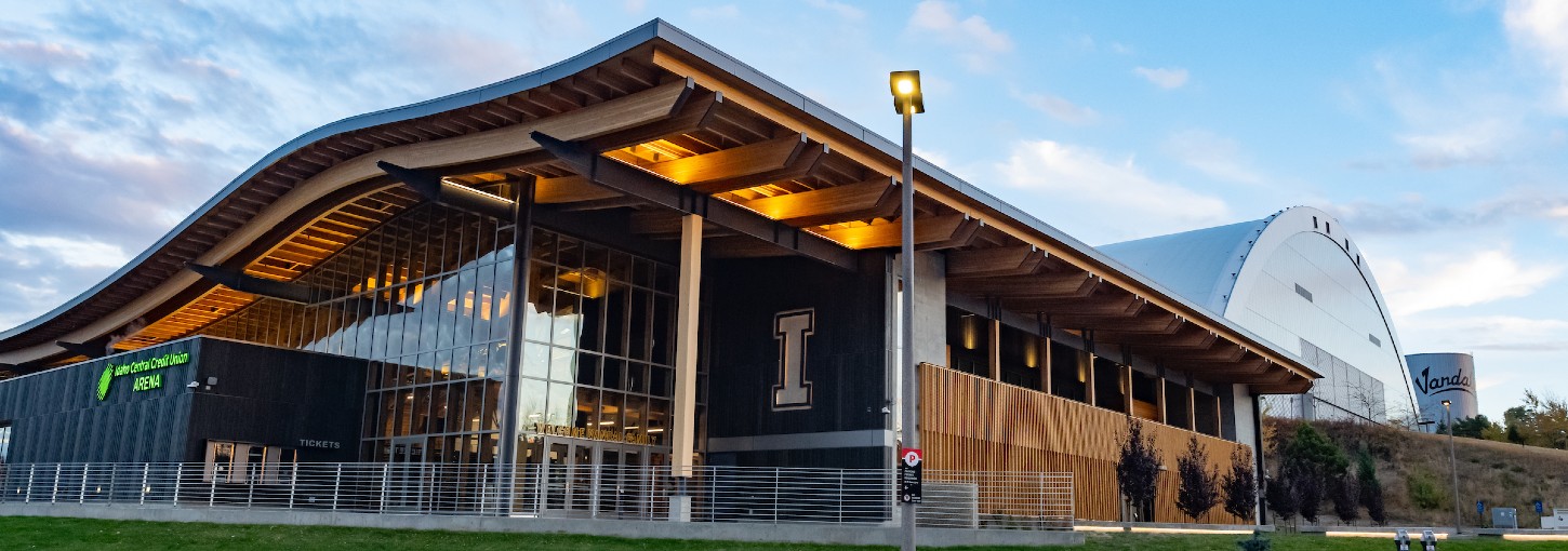 The ICCU Arena at sunset on the Moscow Campus. 