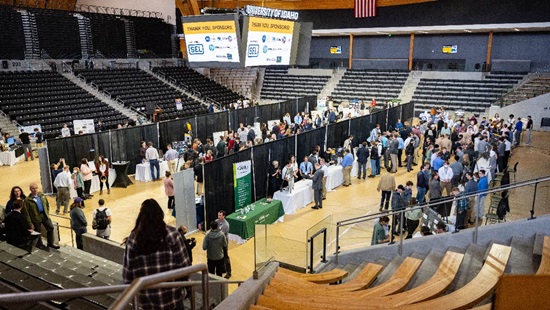 Student present their projects on the main court during the 2022 Engineering EXPO inside the ICCU Arena.