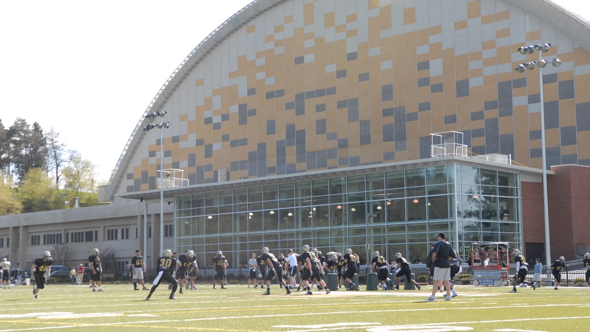 The Vandal football team practices on the East Practice Field