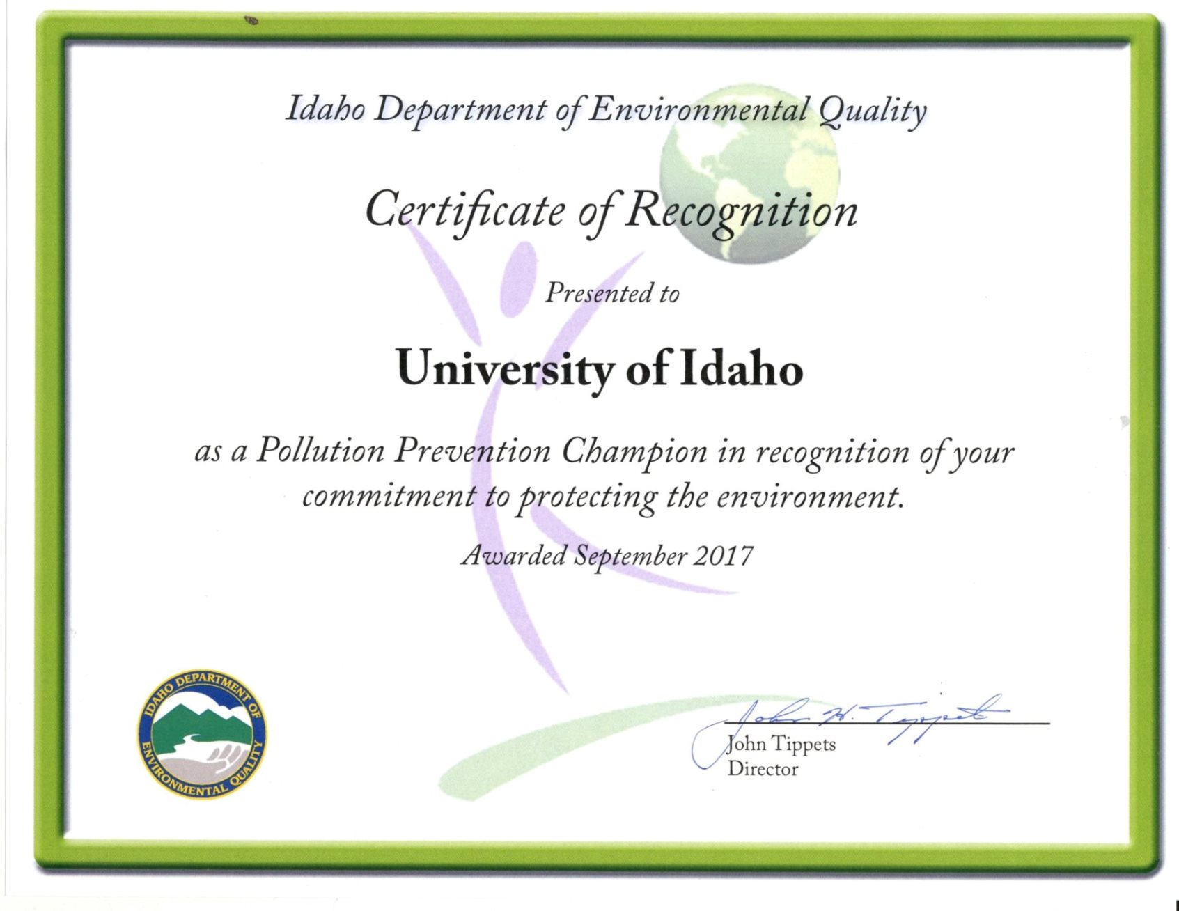 2017 Pollution Prevention Champion certificate awarded to the University of Idaho