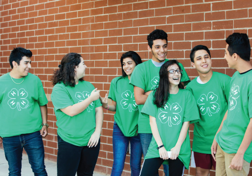 Seven teens in green 4-H shirts stand outside a wall.