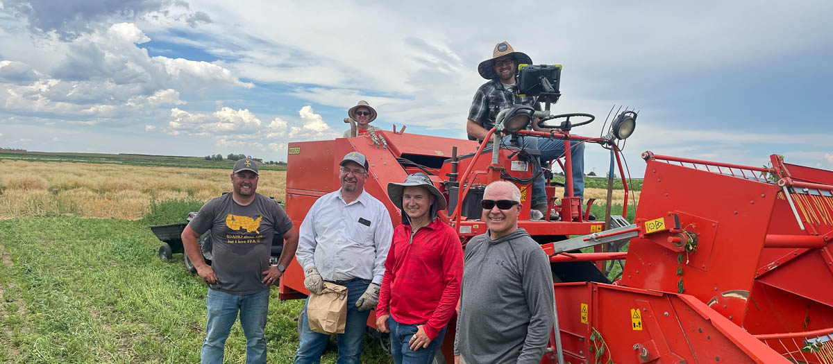 Men stand around and sit atop industrial farm equipment.
