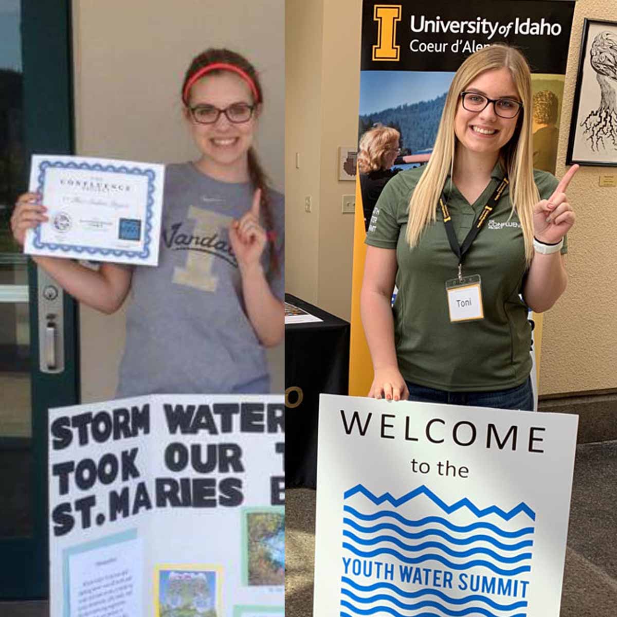 Two side-by-side photos of Toni Eells holding up one finger in each photo. The left photo is with her science fair board in 2015. In the right photo she stands behind a sign reading “Welcome to the Youth Water Summit.”
