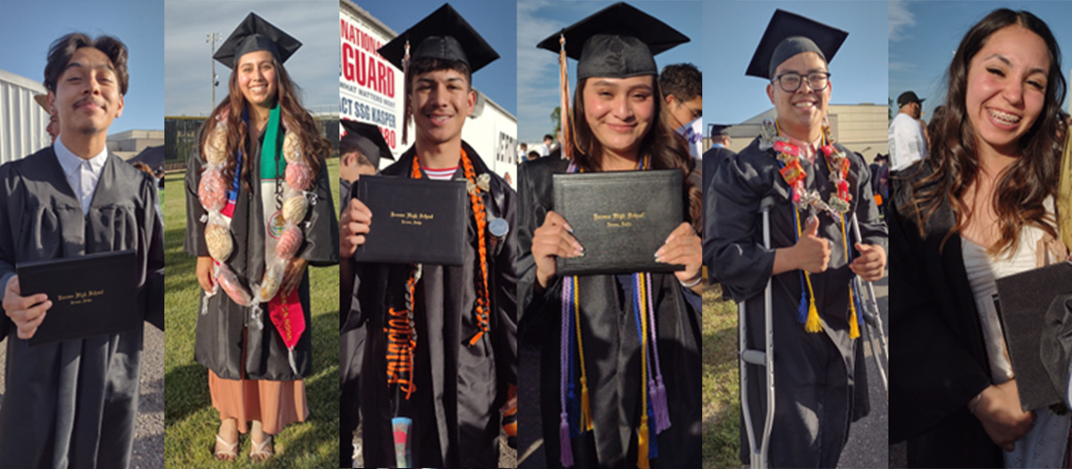 A collage of six men and women wearing graduation cap and gowns and holding diplomas.