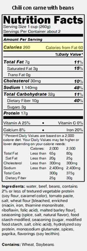 Chili Nutrition Facts label with calories highlighted