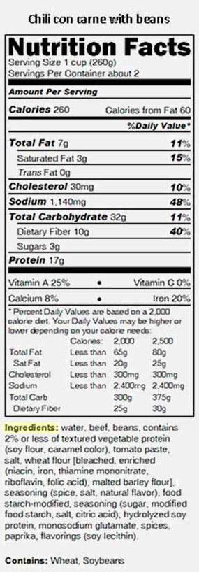 Chili Nutrition Facts label with ingredients highlighted