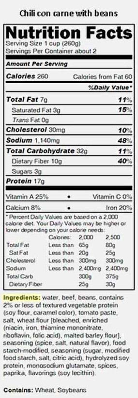 Chili Nutrition Facts label with ingredients highlighted