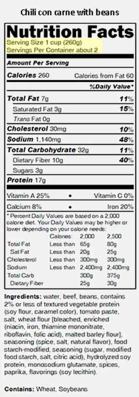 Chili Nutrition Facts label with servings highlighted