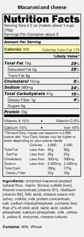 Macaroni and cheese Nutrition Facts label with calories highlighted