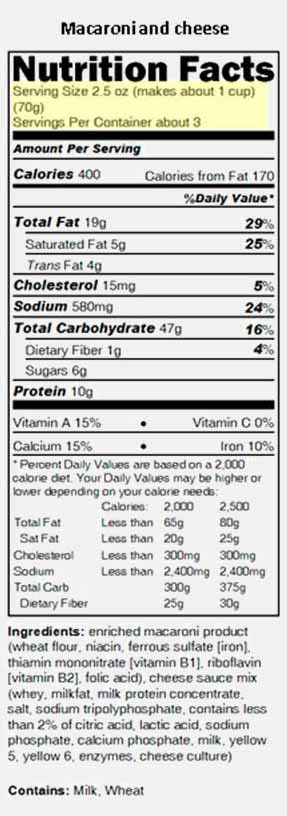 Macaroni and cheese Nutrition Facts label with servings highlighted