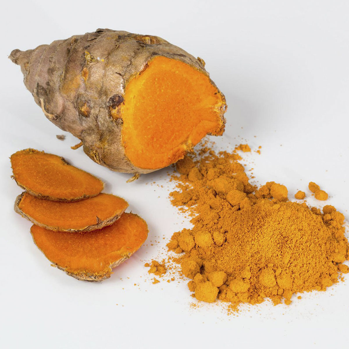 bright orange whole, sliced, and ground turmeric root