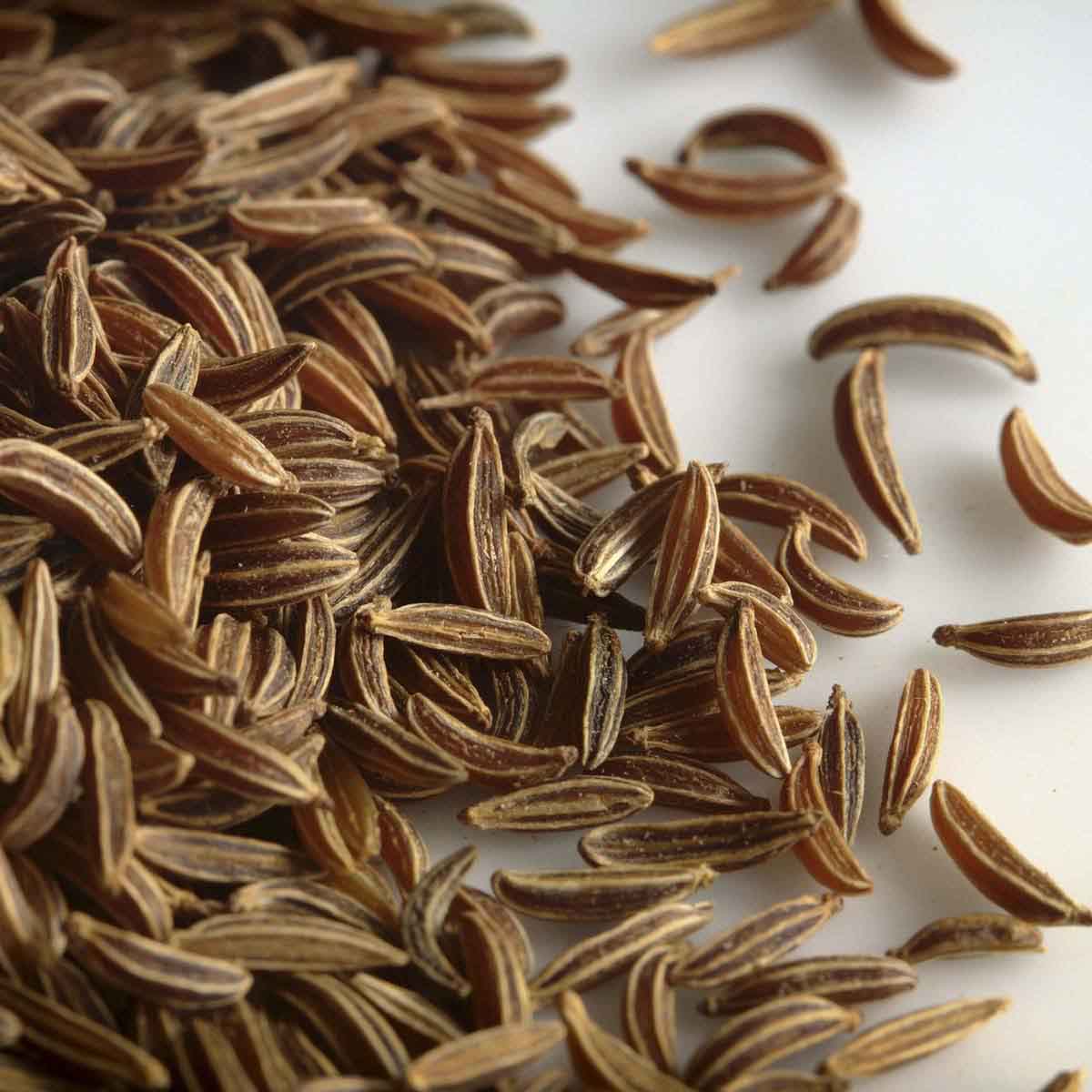 dried carraway seeds spilling over counter.