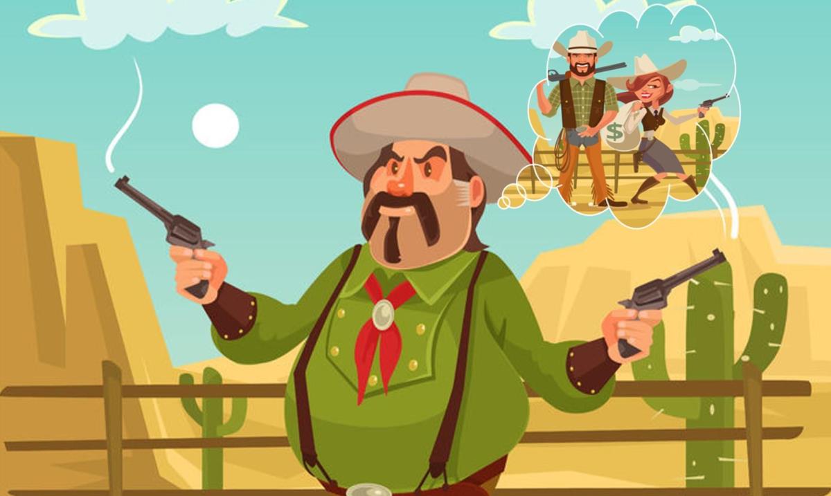 A man holds up two smoking guns while thinking about a man and woman with guns and a moneybag.