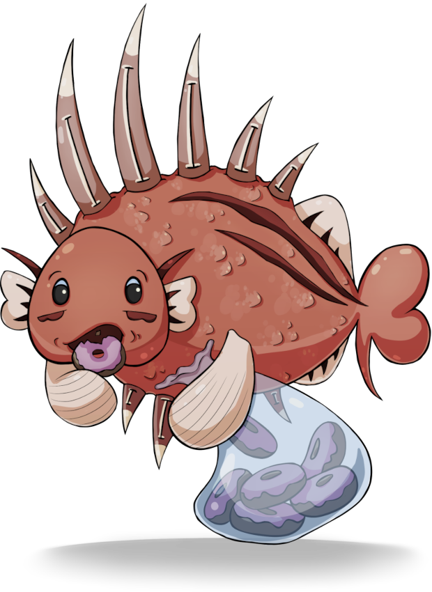 Pink cartoon fish eating doughnuts.