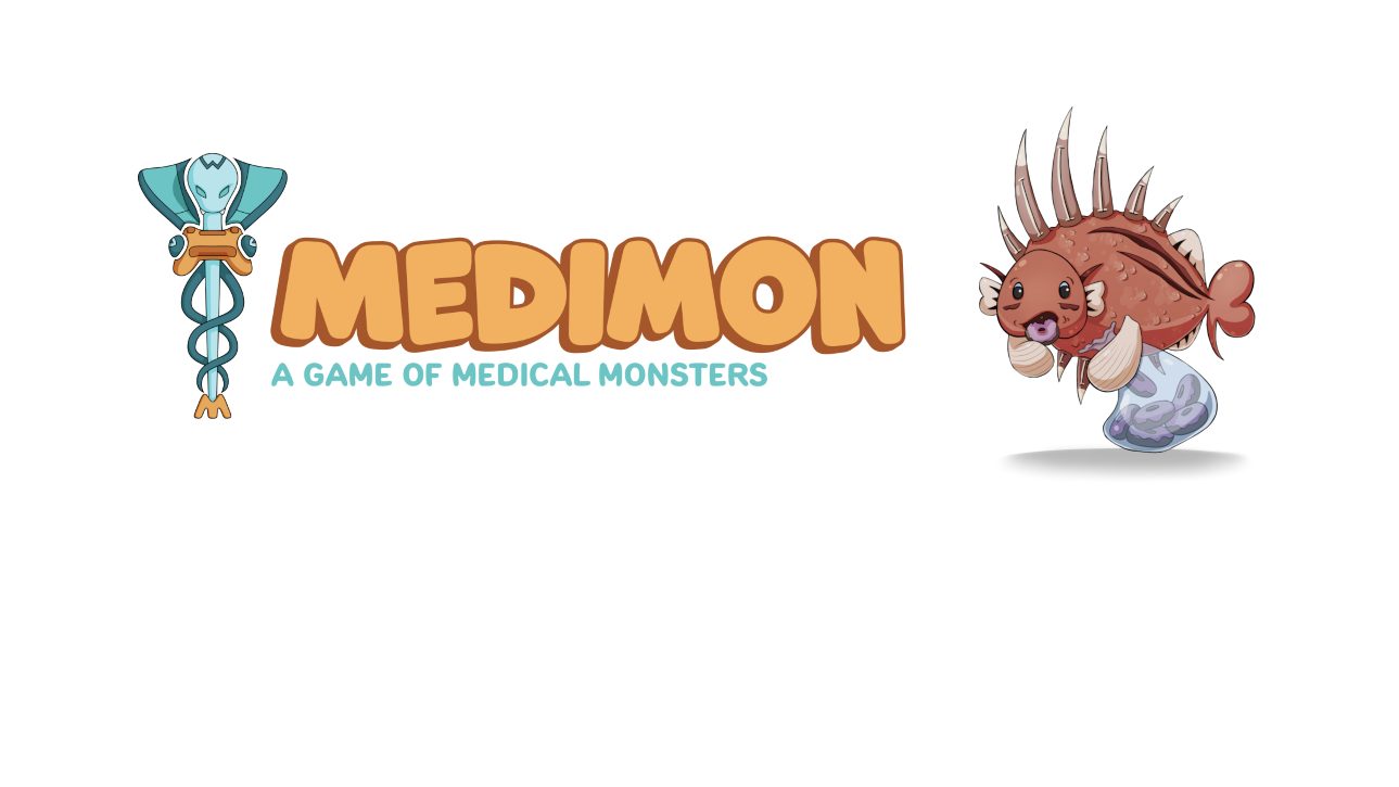 Pink cartoon fish eating doughnuts with Medimon logo.