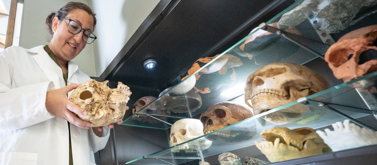 Woman in lab coat examines a human skull