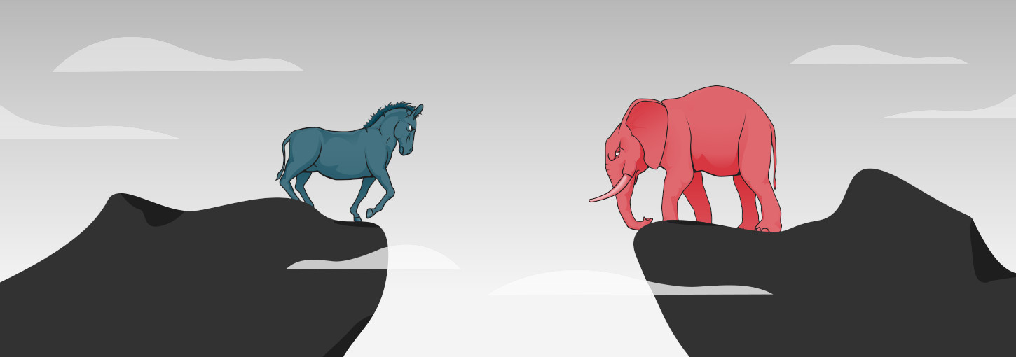 Art featuring a donkey and an elephant staring at each other.