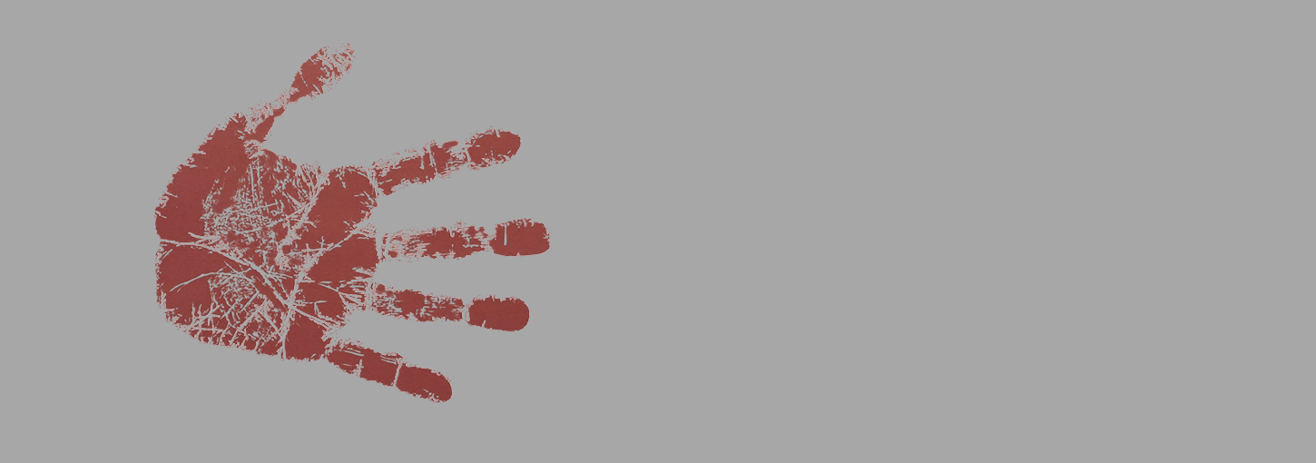 Red handprint on gray background.