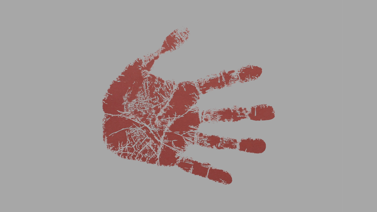 Red handprint on gray background.