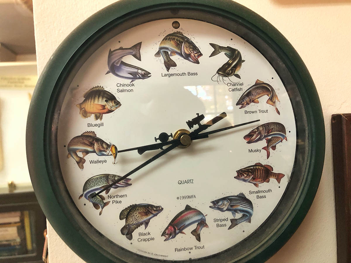 A fish clock on an office wall.