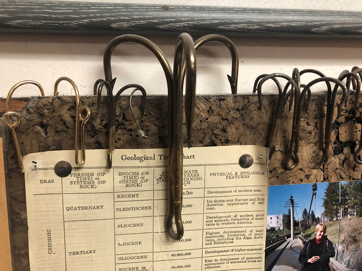 A wooden board displays many fishhooks.