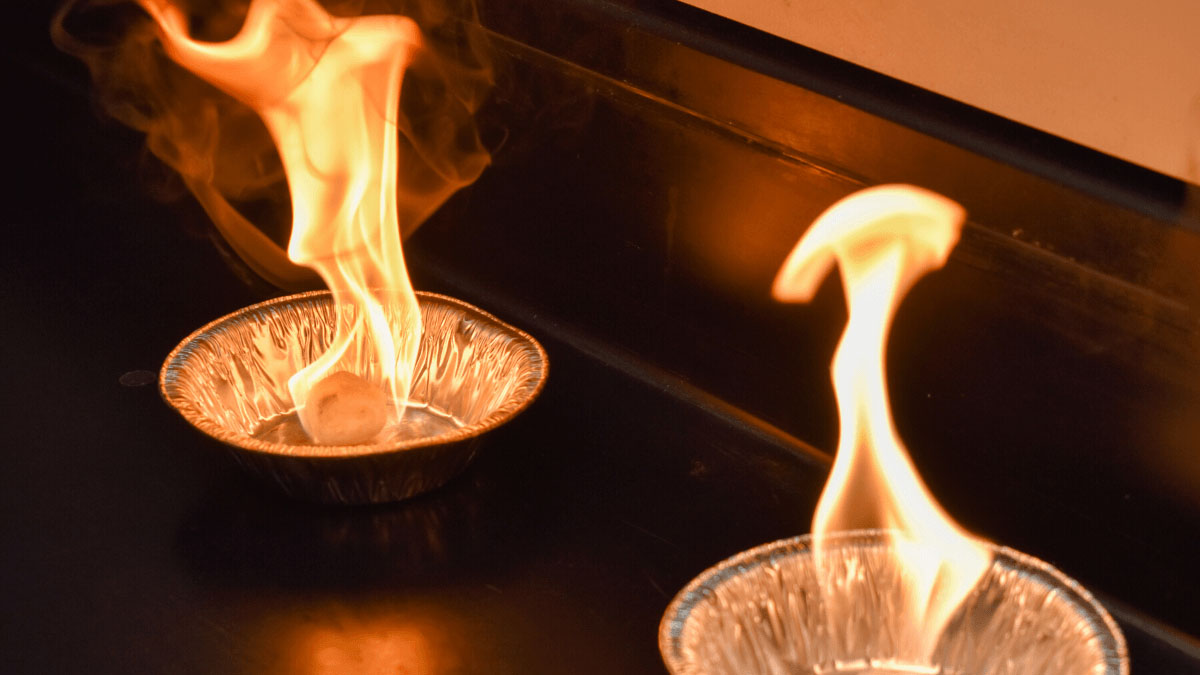 Two fuels burn side-by-side in small metal pans.