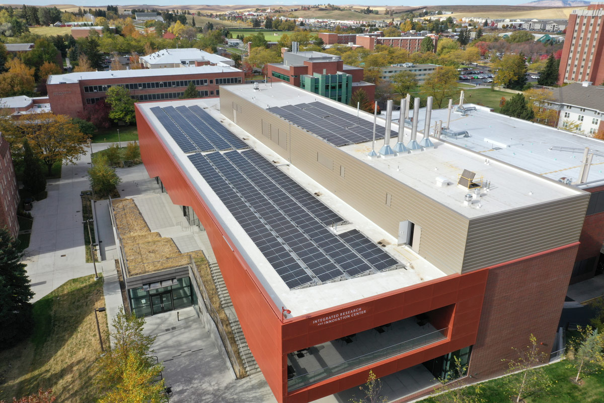 A solar array atop the Integrated Research and Innovation Center.