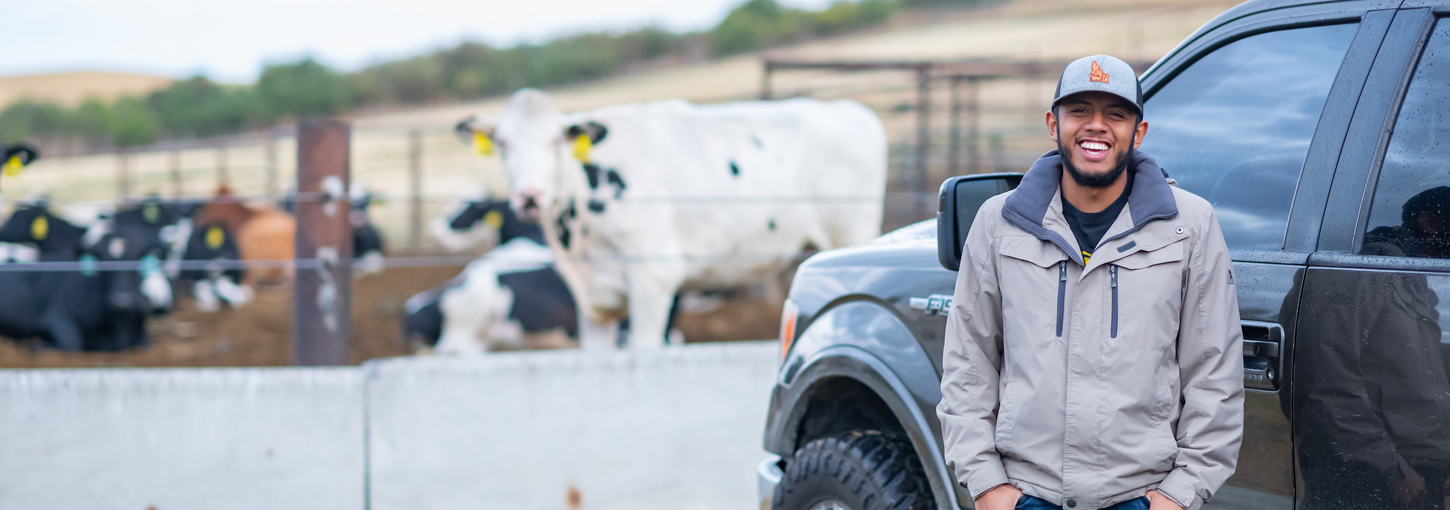 Avelardo Vargas stands by his truck with cows in the background.