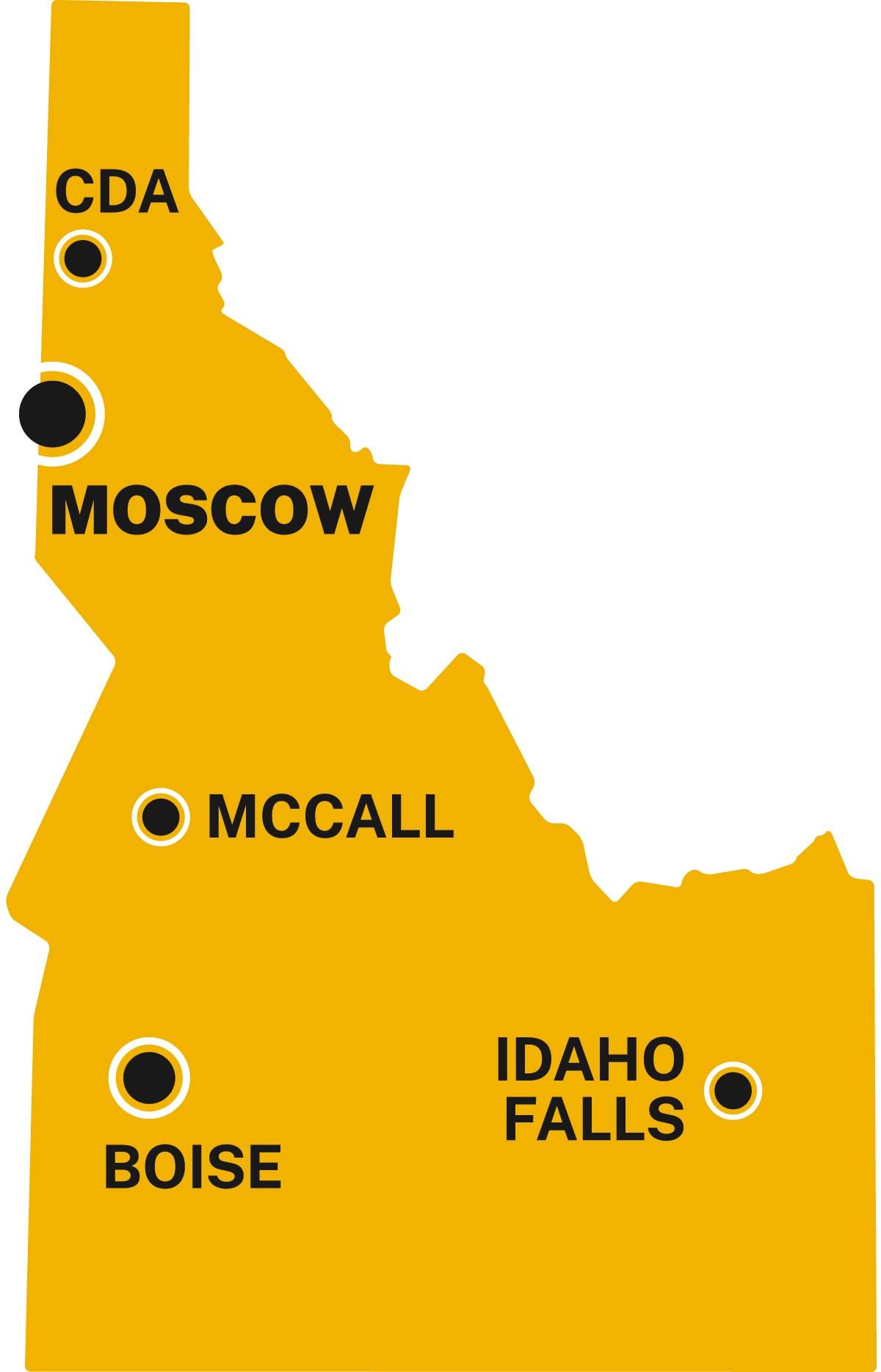 Graphic representation of Idaho and its campuses, research and extension centers in Coeur d’Alene, Moscow, McCall, Boise and Idaho Falls.