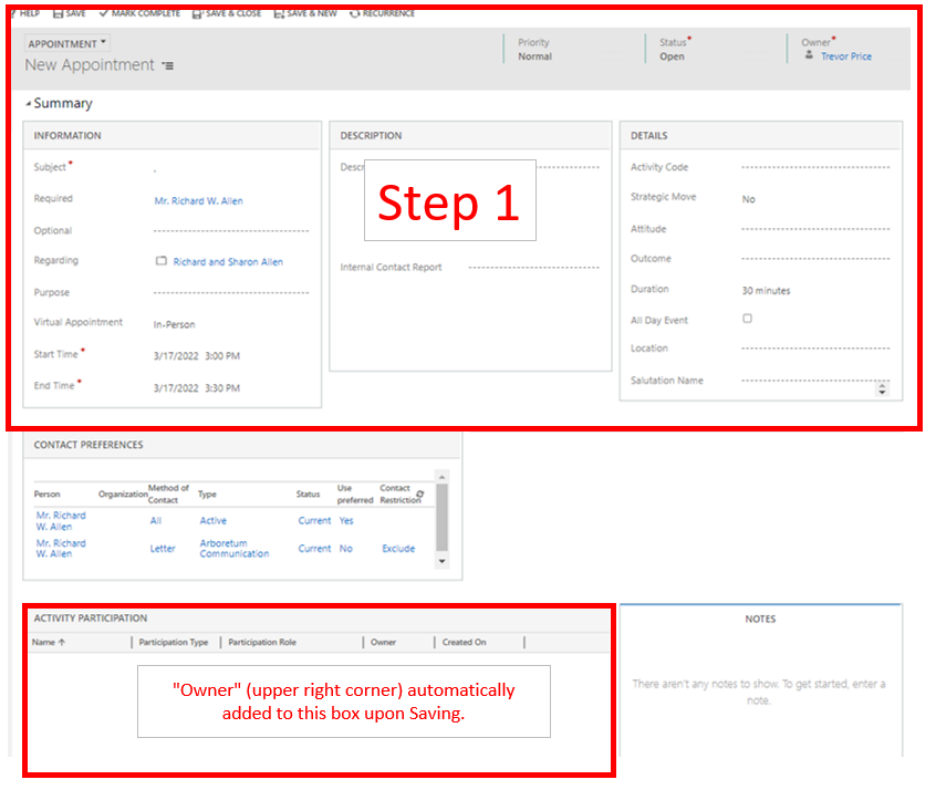 Screenshot of CRM with step one summary highlights, and owner tab highlighted as automatically being added upon saving.