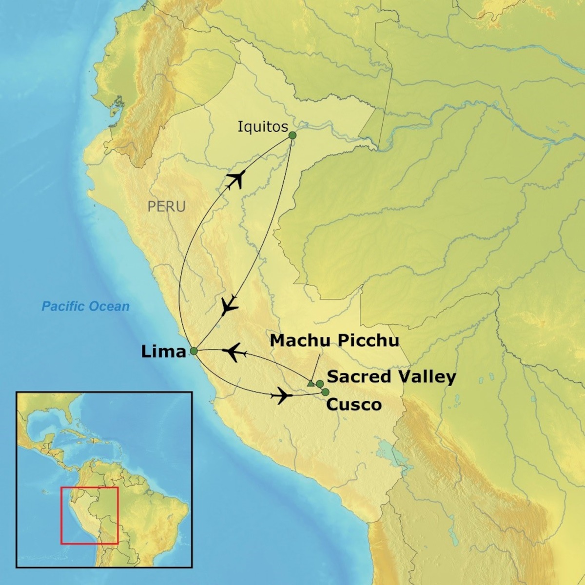 Map of travel destinations in Peru