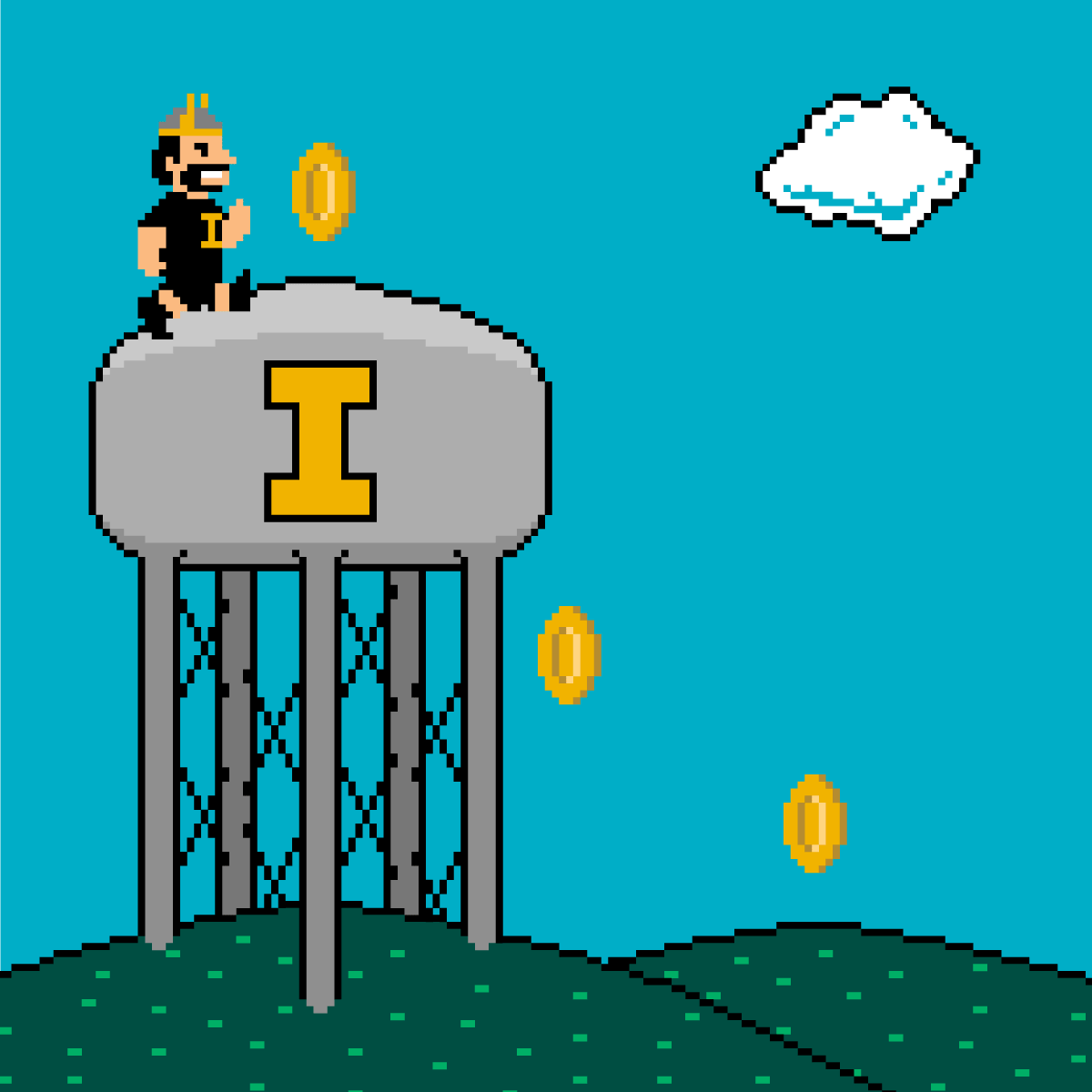 An 8-bit rendering of Joe Vandal climbing the I water tower.