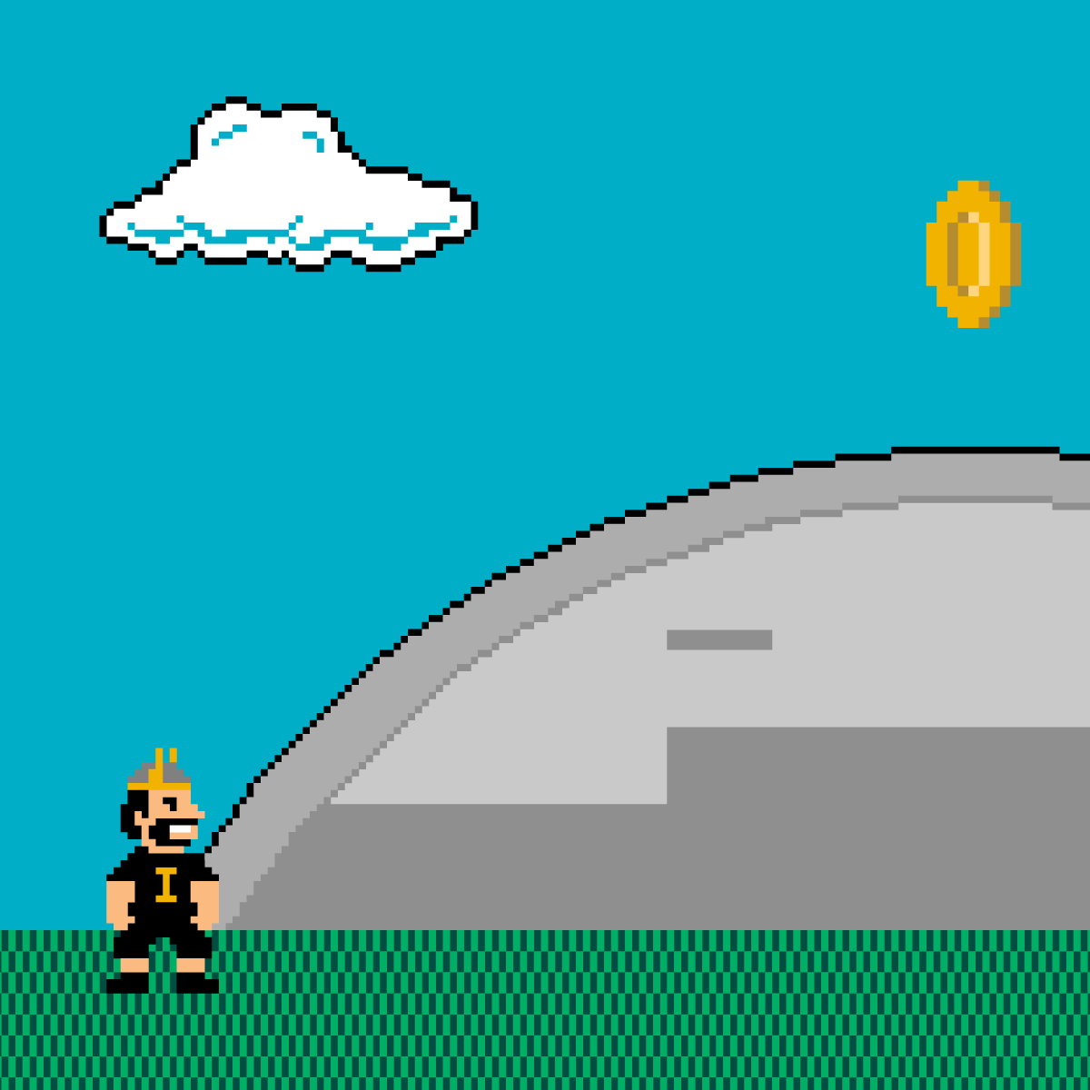 An 8-bit rendering of Joe Vandal and the ASUI-Kibbie Dome