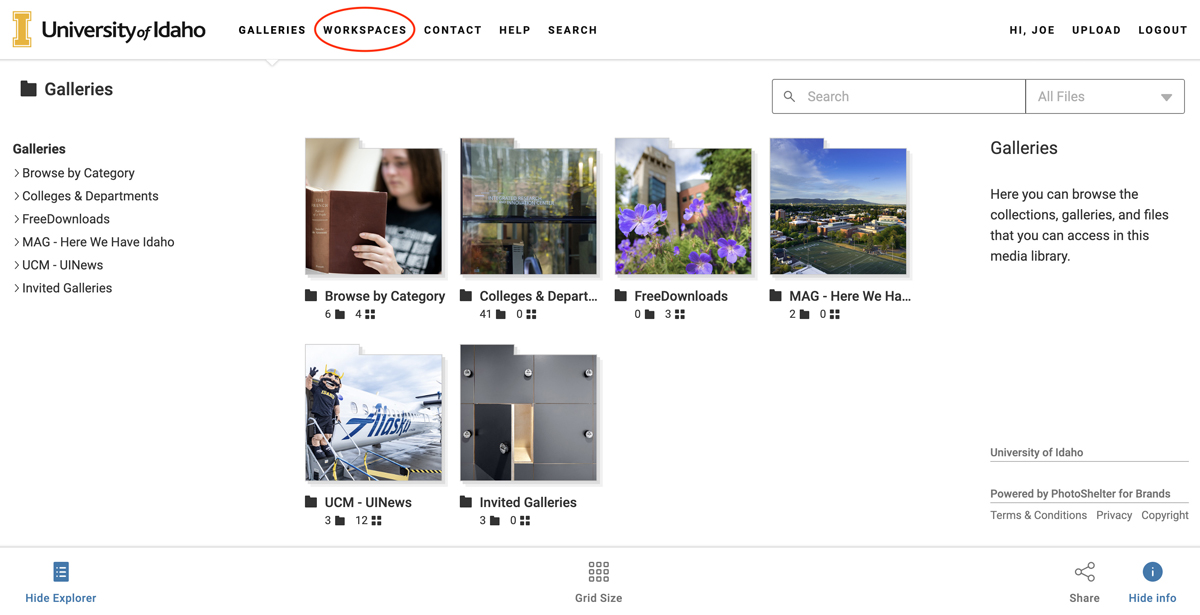 The homepage of Photoshelter, with the Workspaces button highlighted.