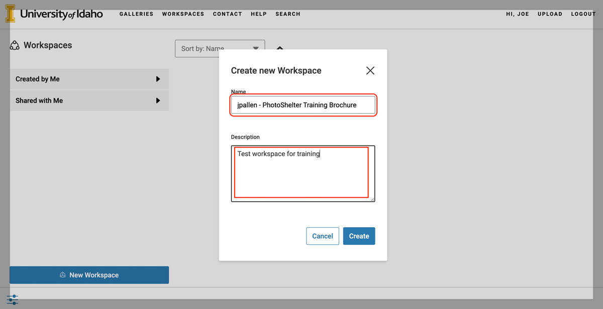 An image with the 'Create new Workspace' dialog box open highlighting the Workspace name and description in the text boxes.