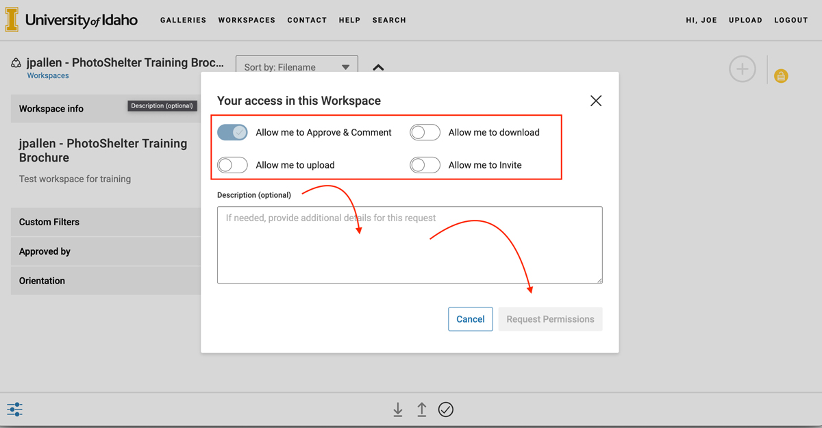 An image of a second "Your Access in this Workspace" dialog box. The permission toggles are highlighted and an arrow points to the optional description text box and the "Request Permissions" button.