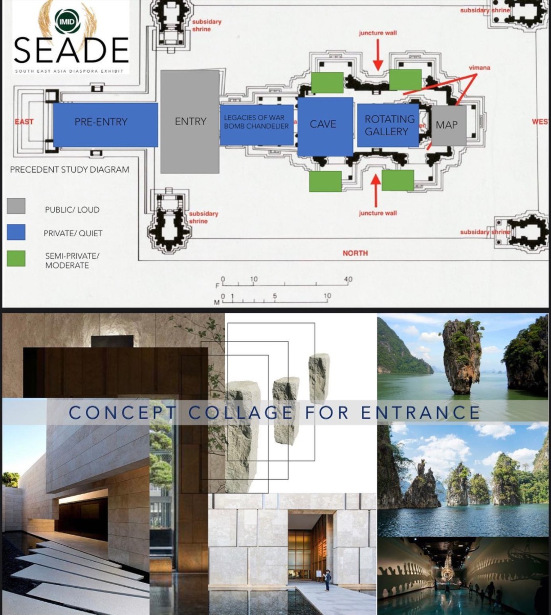 Floorplan and concept collage from Kiana Aros' design for the Southeast Asian Diaspora Exhibit at IMID.