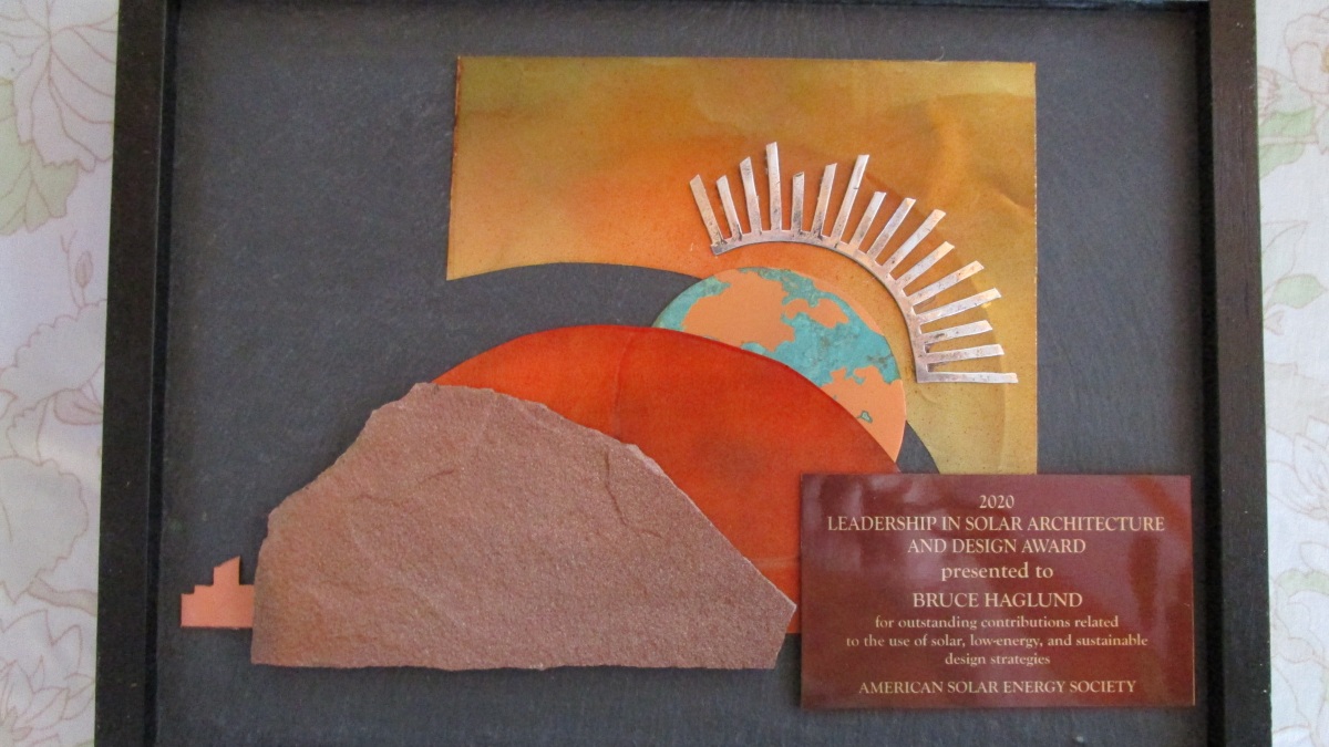 Close up of the 2020 American Solar Energy Society’s Leadership in Solar Architecture and Design Award.