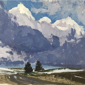 A plein air painting by Aaron Johnson depicting a road through the Palouse hills with dramatic clouds above them.