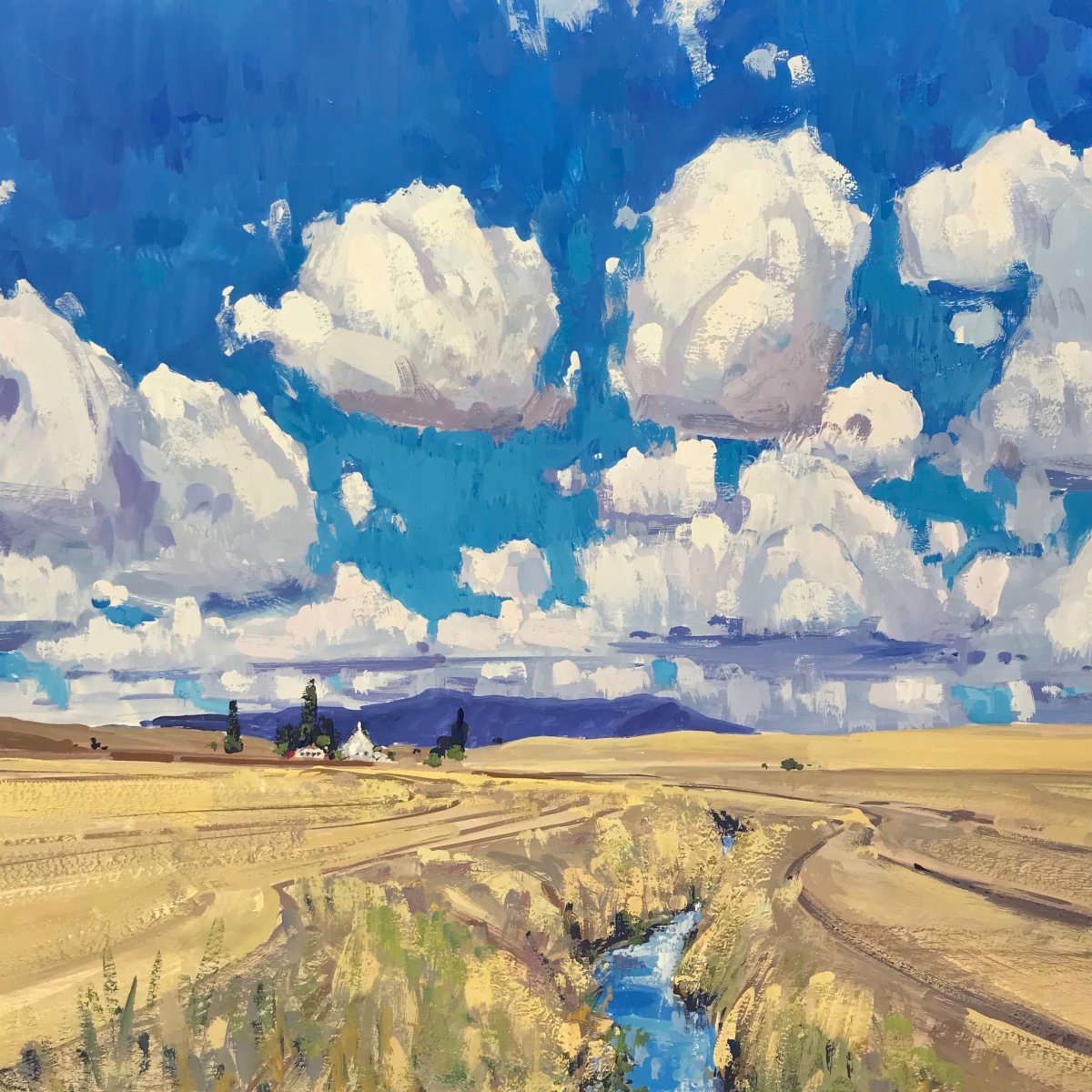 A plein air painting by Aaron Johnson depicting Palouse hills in the springtime covered with grass and with dramatic clouds above them.
