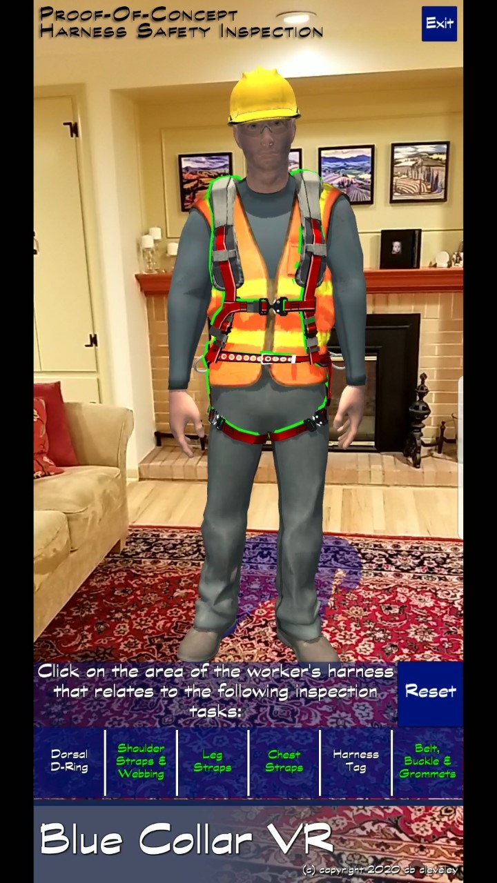 Screenshot of a VR app showing a man in an orange vest and safety equiptment.