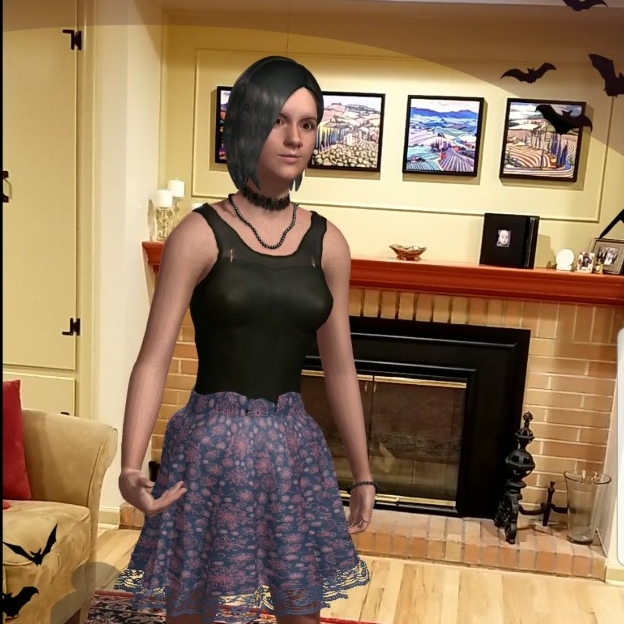 Screenshot from a mixed-reality app showing a woman in a room with a fireplace. 